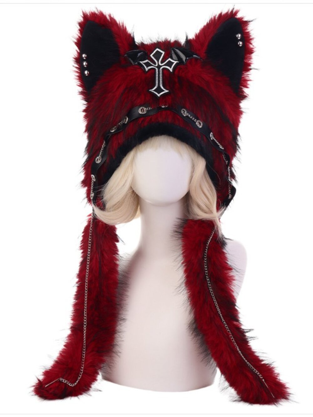 Gothic Red Fluffy Cat Ear Beanie Cross Wing Trapper Hat